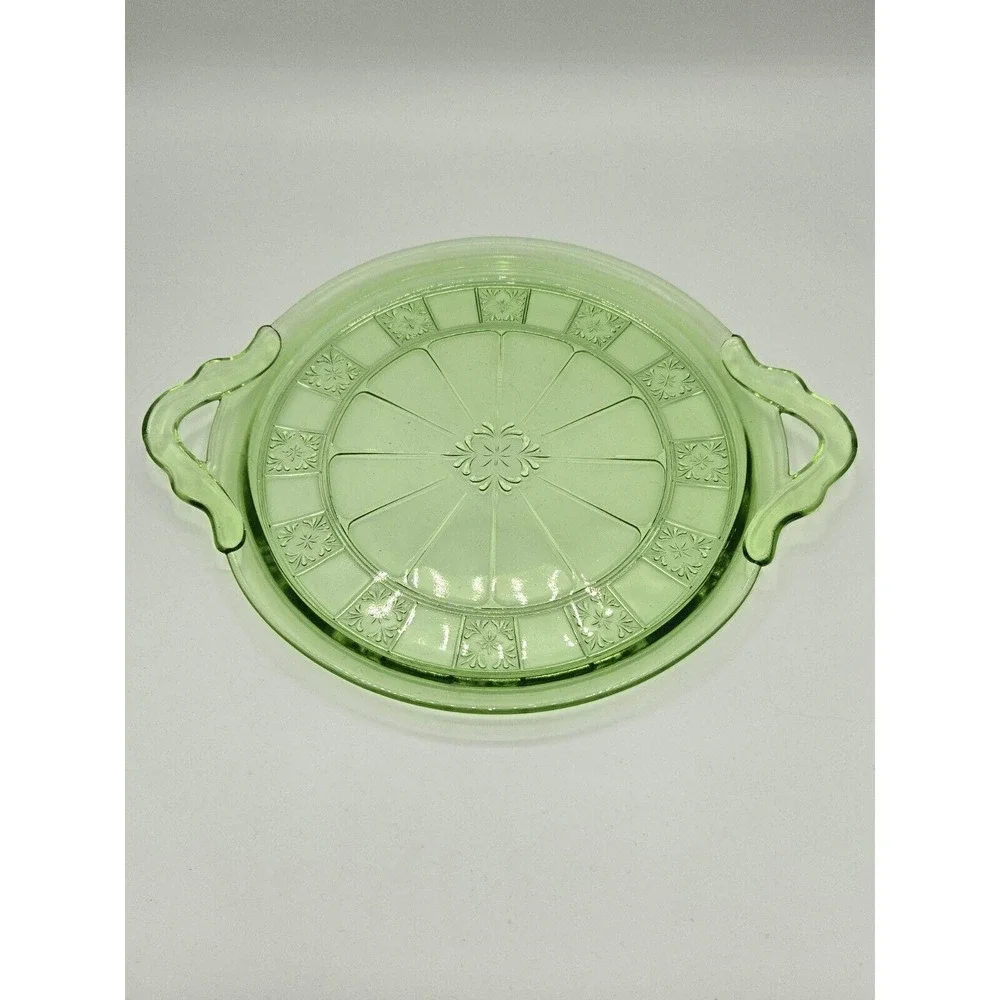 Jeanette Glass Doric Green Uranium Depression Glass Double Handled Cake Plate